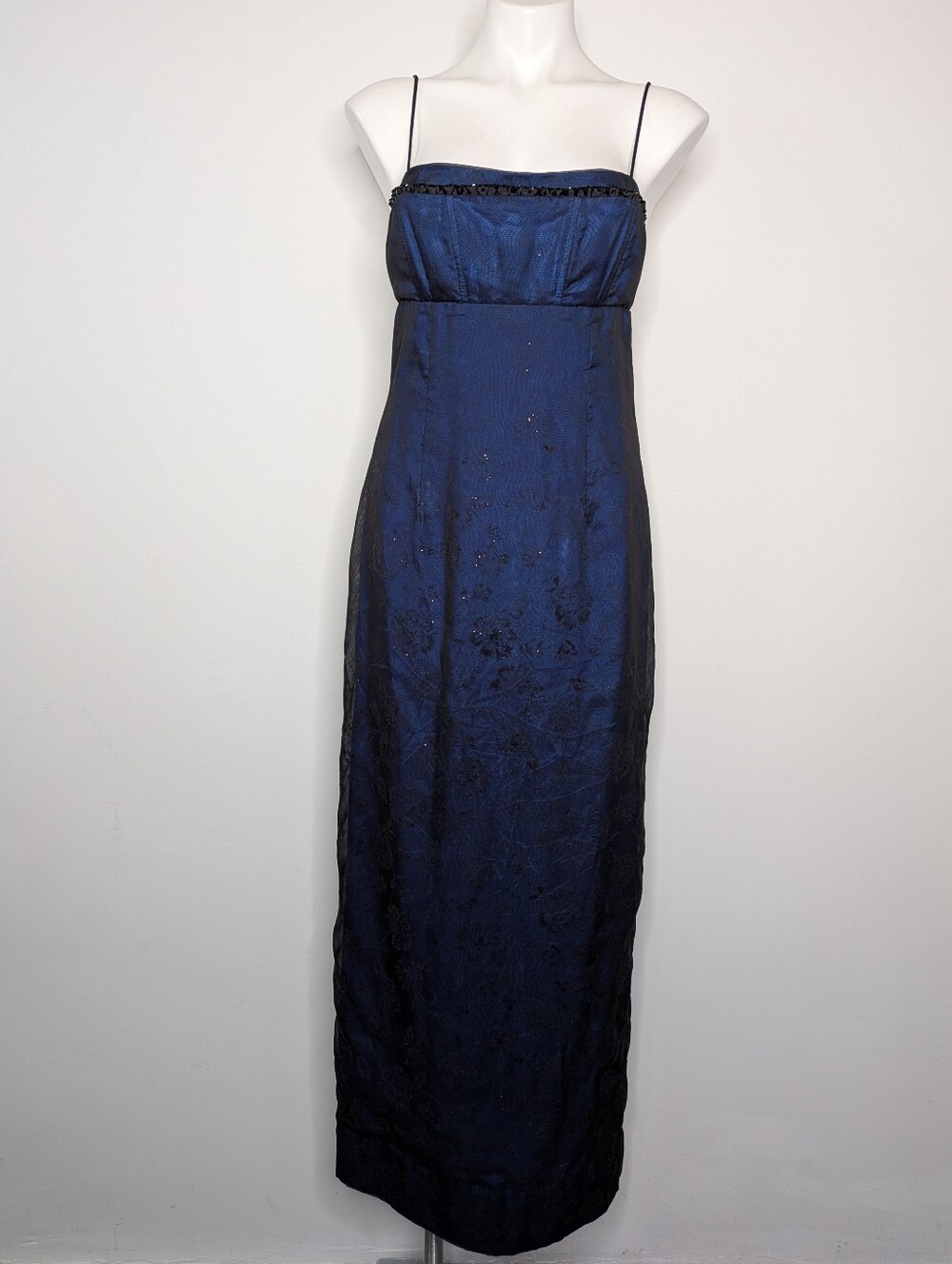 Vintage Y2k Morgan & Co Blue Black Velvet Floral Empire Waist Event Dress 11/12